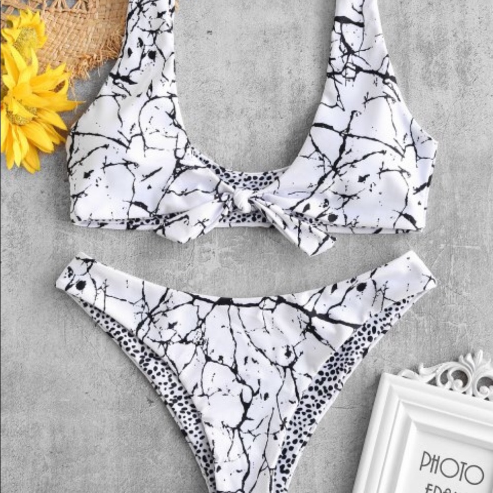 Zaful marble print knot reversible bikini set